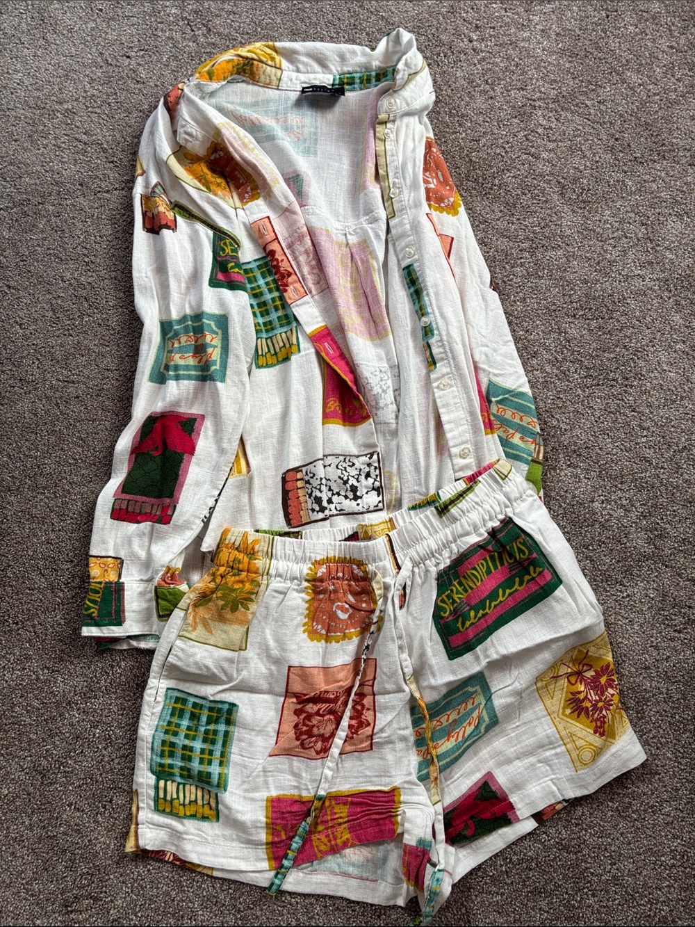 Women's White Printed Drawstring Shorts and oversized shirt set